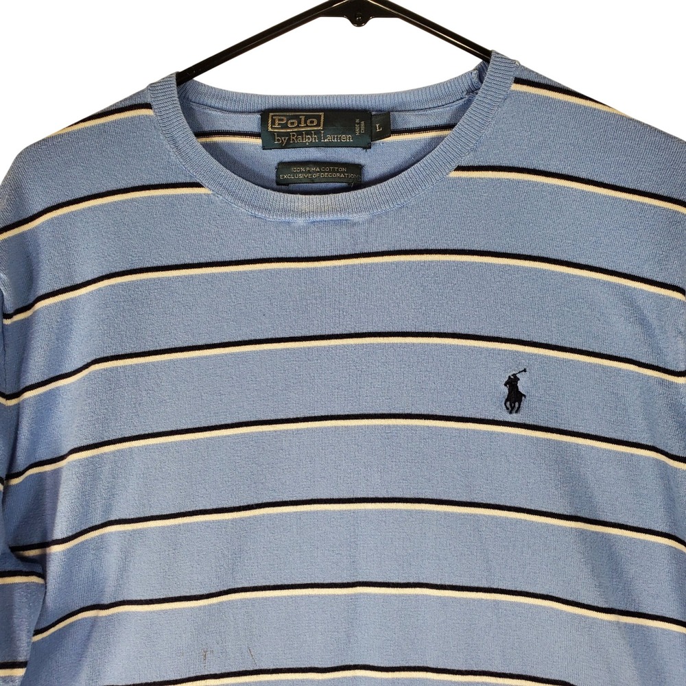 Polo Ralph Lauren Pima Cotton Striped Crewneck Sweater Mens Large Blue Navy